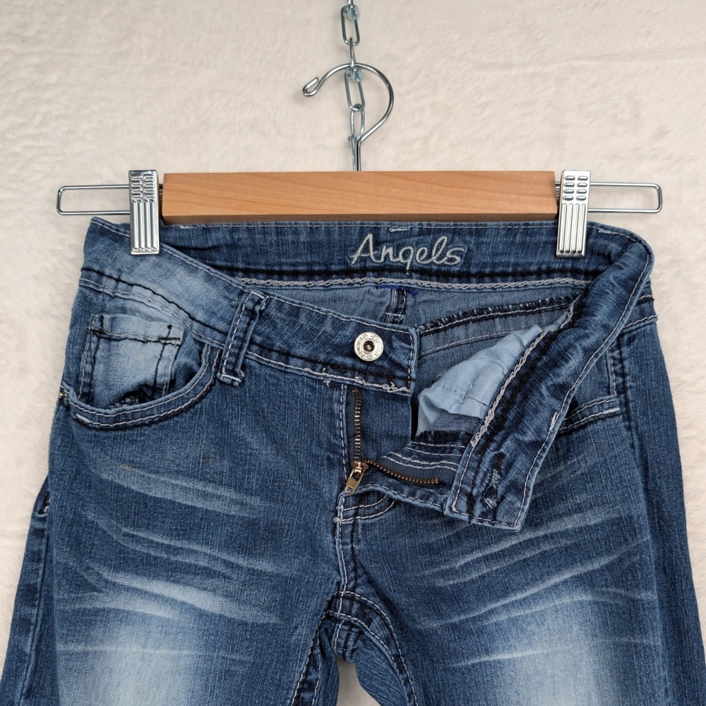 VTG Angels Jeans Women's 26x30 Blue Low Rise Flare Leg Whiskered McBling Y2K